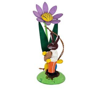 Vintage Germany Erzgebirge Painted Wood Bunny Rabbit Under Flower Easter Eggs